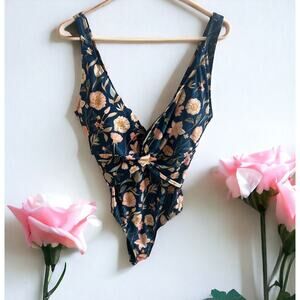 Nicole Miller One Piece Swimsuit Size XL Floral Deep V Teal Pink Mustard‎ White